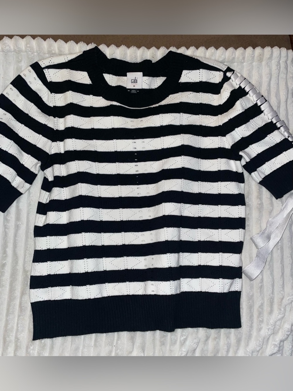 CAbi Black & White Striped Short-Sleeve Crew Sweater